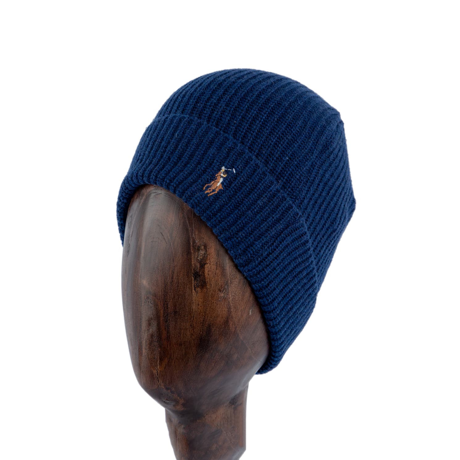 Navy blue ribbed knit beanie with embroidered logo