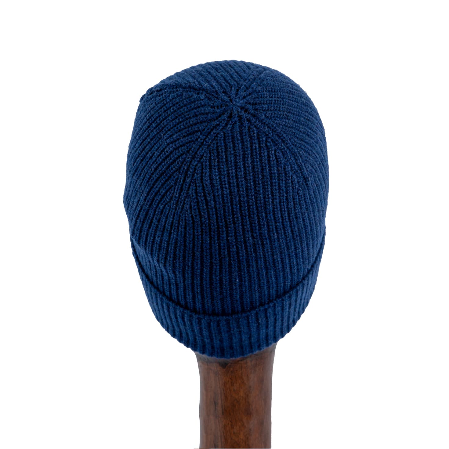 Navy blue ribbed knit beanie with embroidered logo