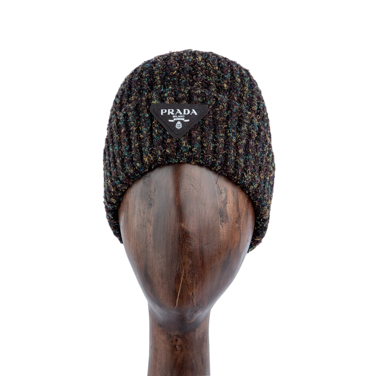 Multicolor knit wool beanie with triangle logo patch, unisex winter hat