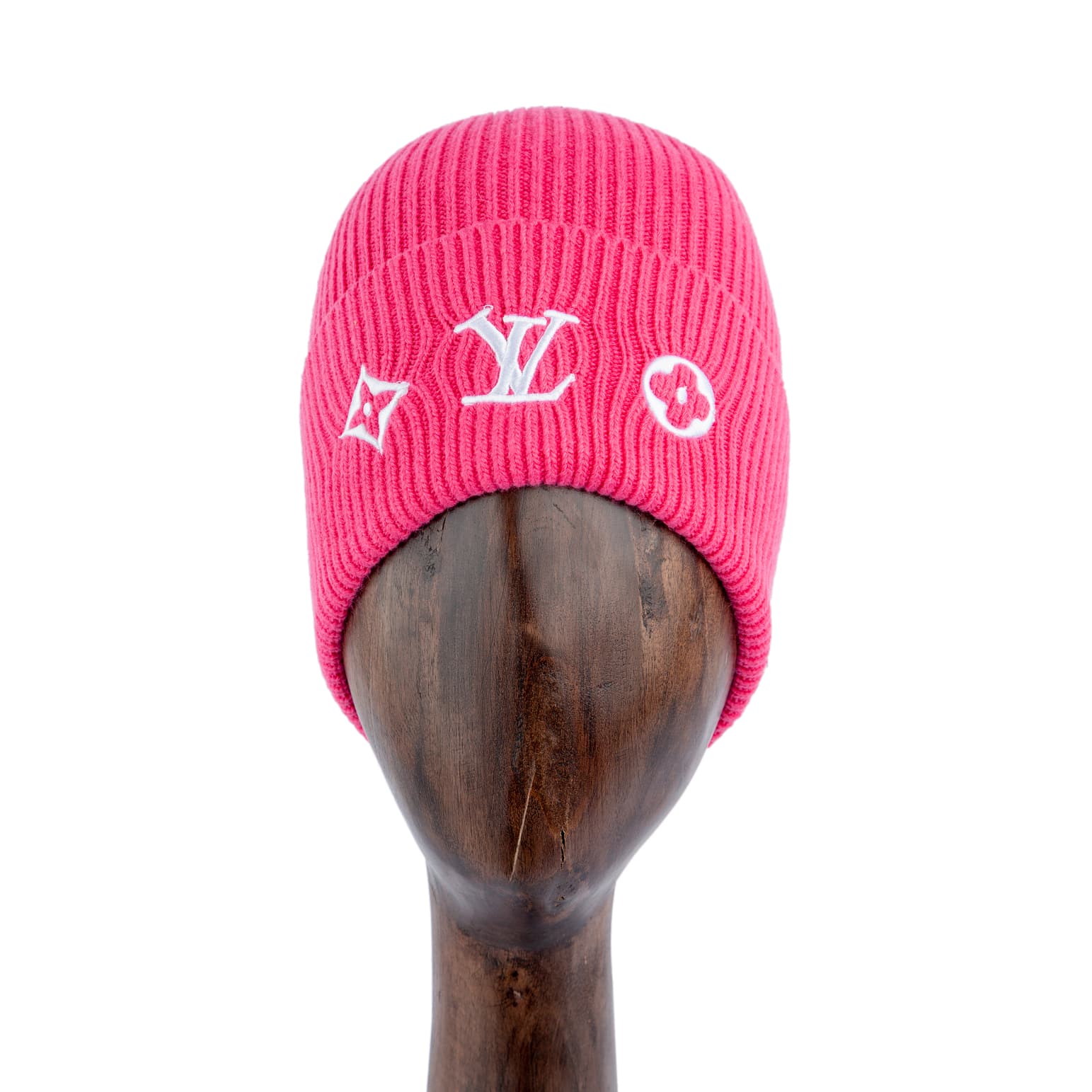 Bright pink ribbed knit beanie with white luxury monogram embroidery, unisex winter hat