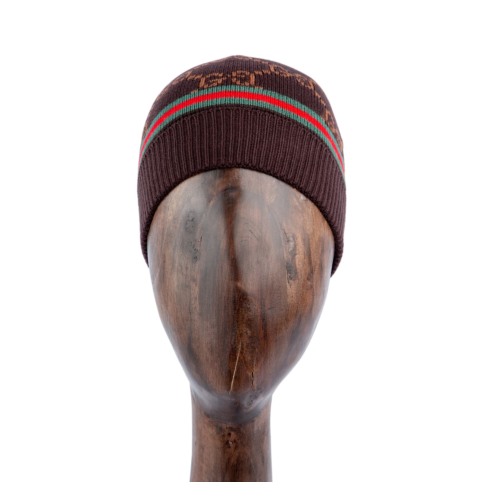 Brown wool beanie with ribbed texture and iconic red-green web stripe design for a stylish and warm winter accessory.