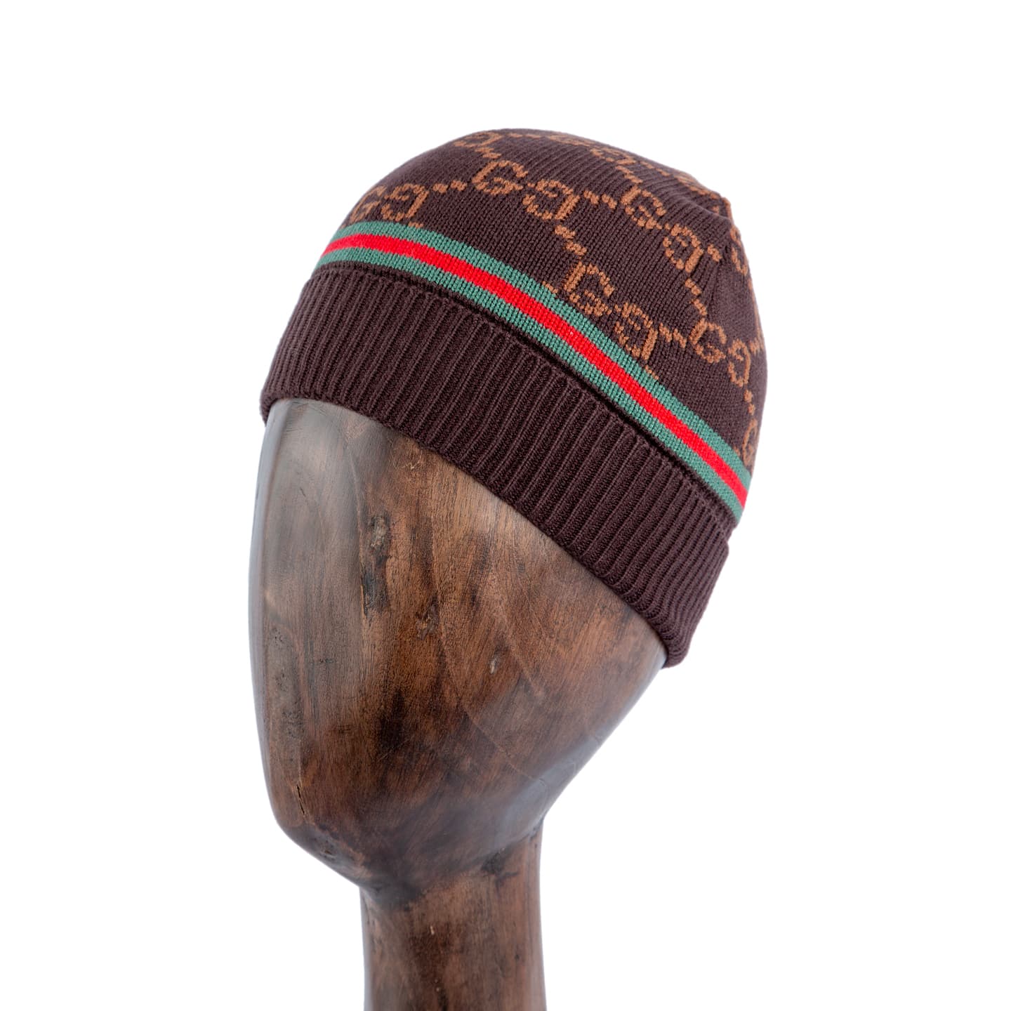 Brown wool beanie with ribbed texture and iconic red-green web stripe design for a stylish and warm winter accessory.