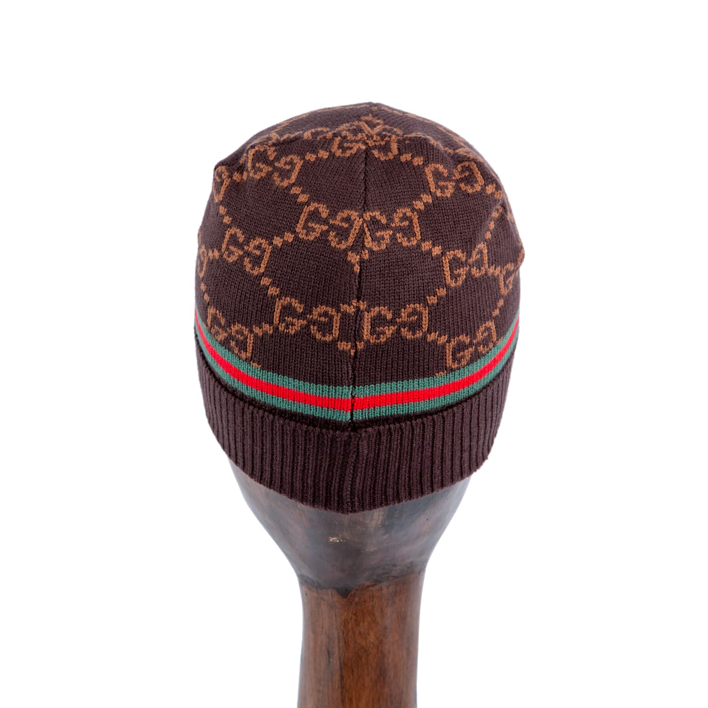 Brown wool beanie with ribbed texture and iconic red-green web stripe design for a stylish and warm winter accessory.