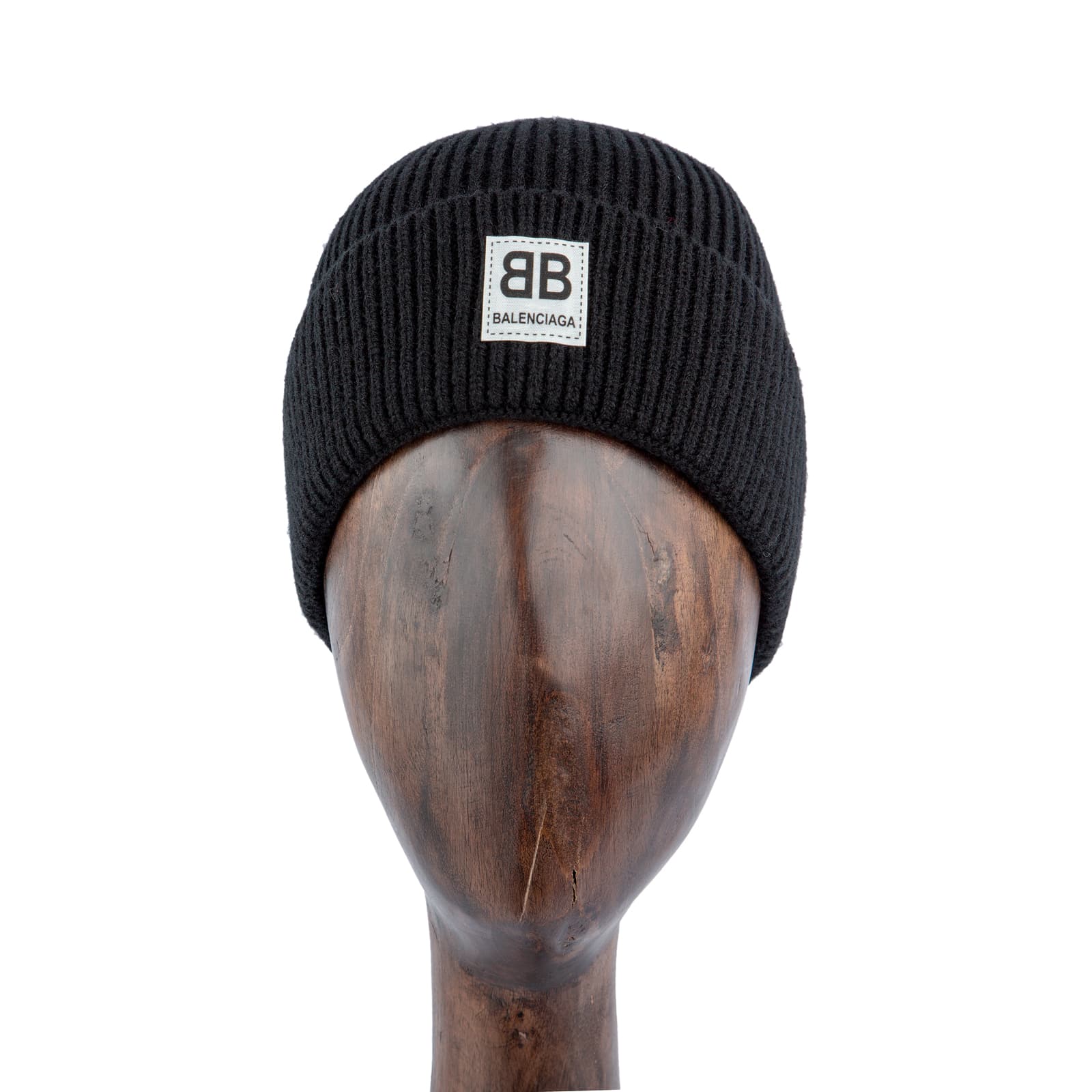 Black ribbed knit beanie with BB logo patch, unisex winter hat.