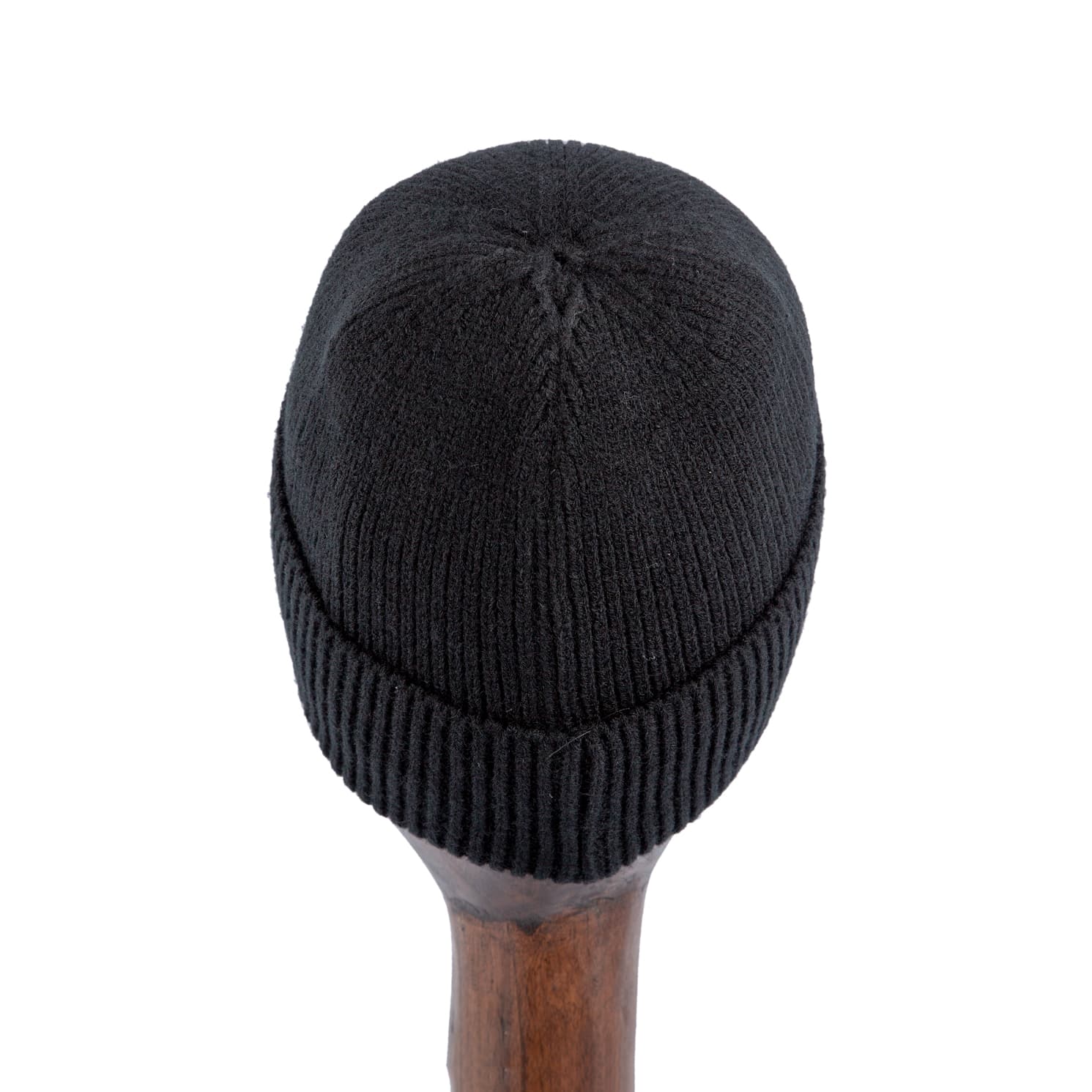 Black ribbed knit beanie with BB logo patch, unisex winter hat.