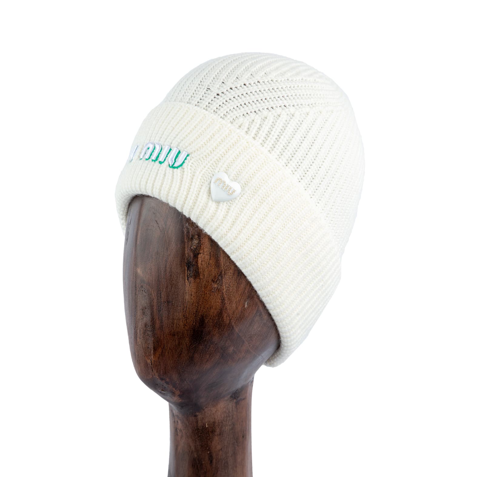 Miu Miu white ribbed knit beanie with embroidered logo and heart accent, luxury winter hat