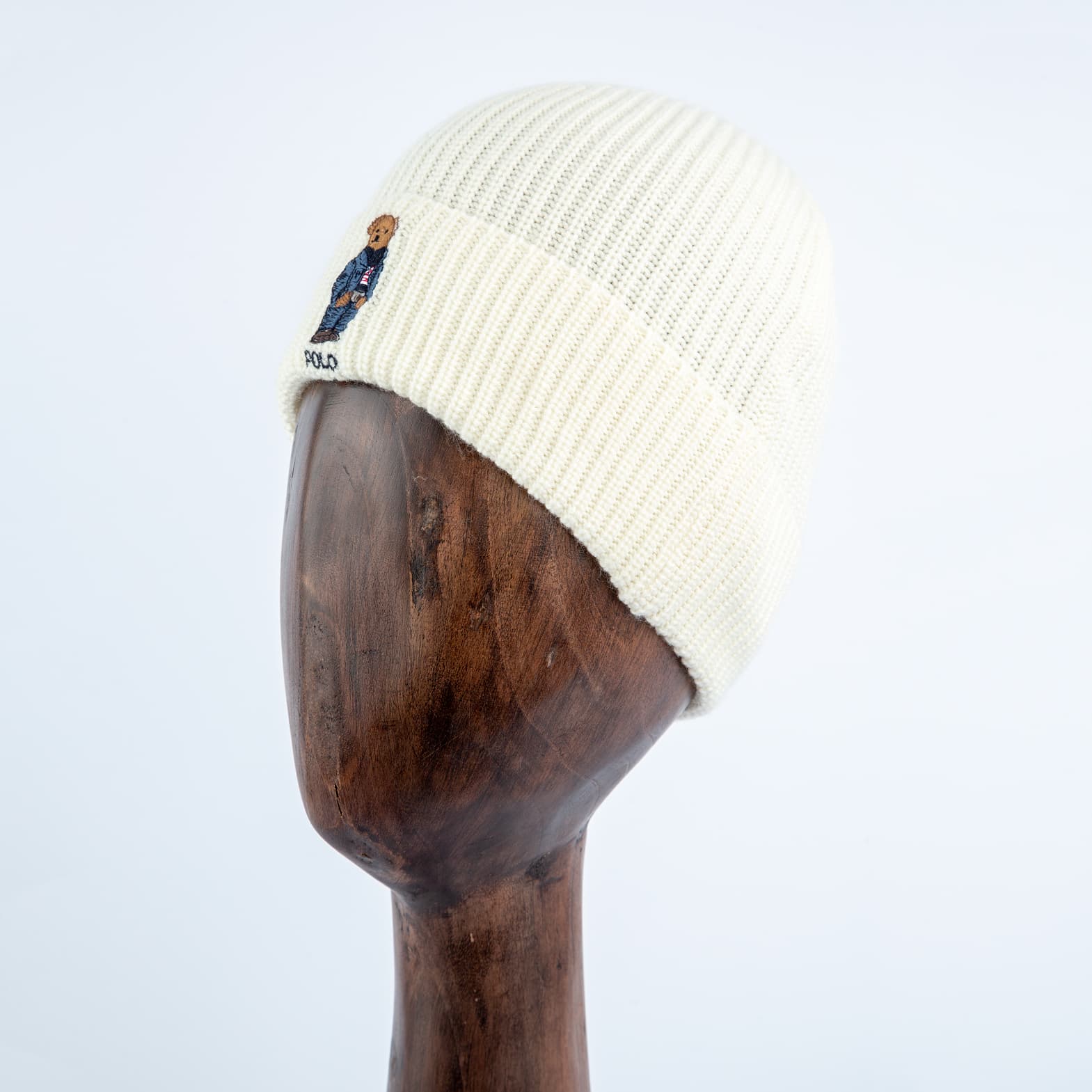 Bear Beanie, white, embroidered bear logo, winter hat