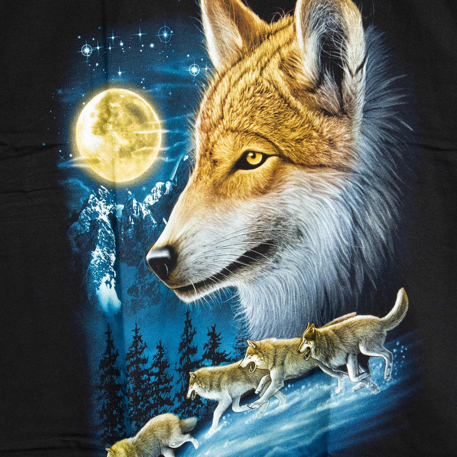Rock Eagle black unisex t-shirt with a detailed graphic of a wolf's head, a glowing full moon, and three wolf pups walking in a snowy, blue-toned forest.