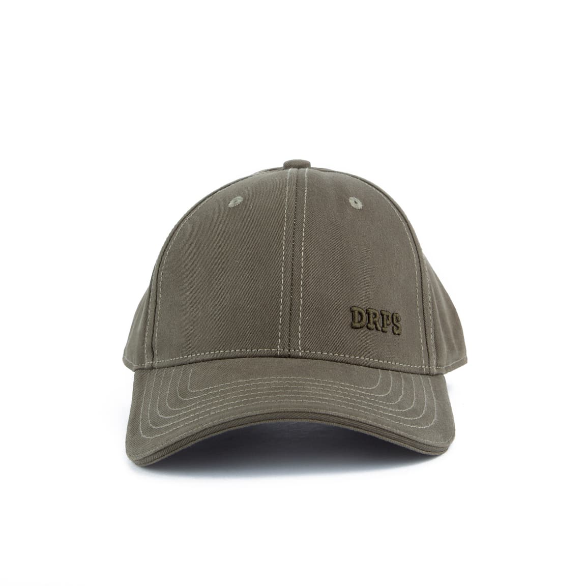 Unisex olive green face cap with 'DRPS' embroidery and adjustable strap.