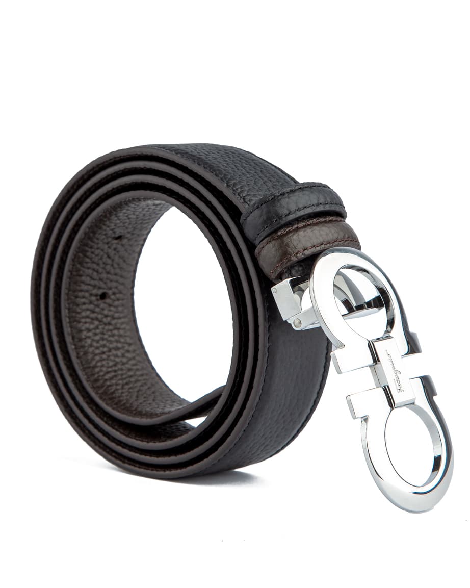 Salvatore Ferragamo men's reversible Gancini textured leather belt, dark brown and black with silver buckle.