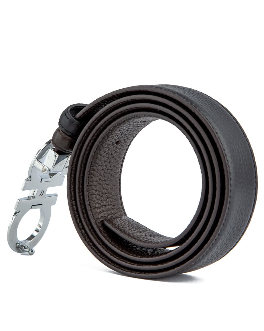 Salvatore Ferragamo men's reversible Gancini textured leather belt, dark brown and black with silver buckle.