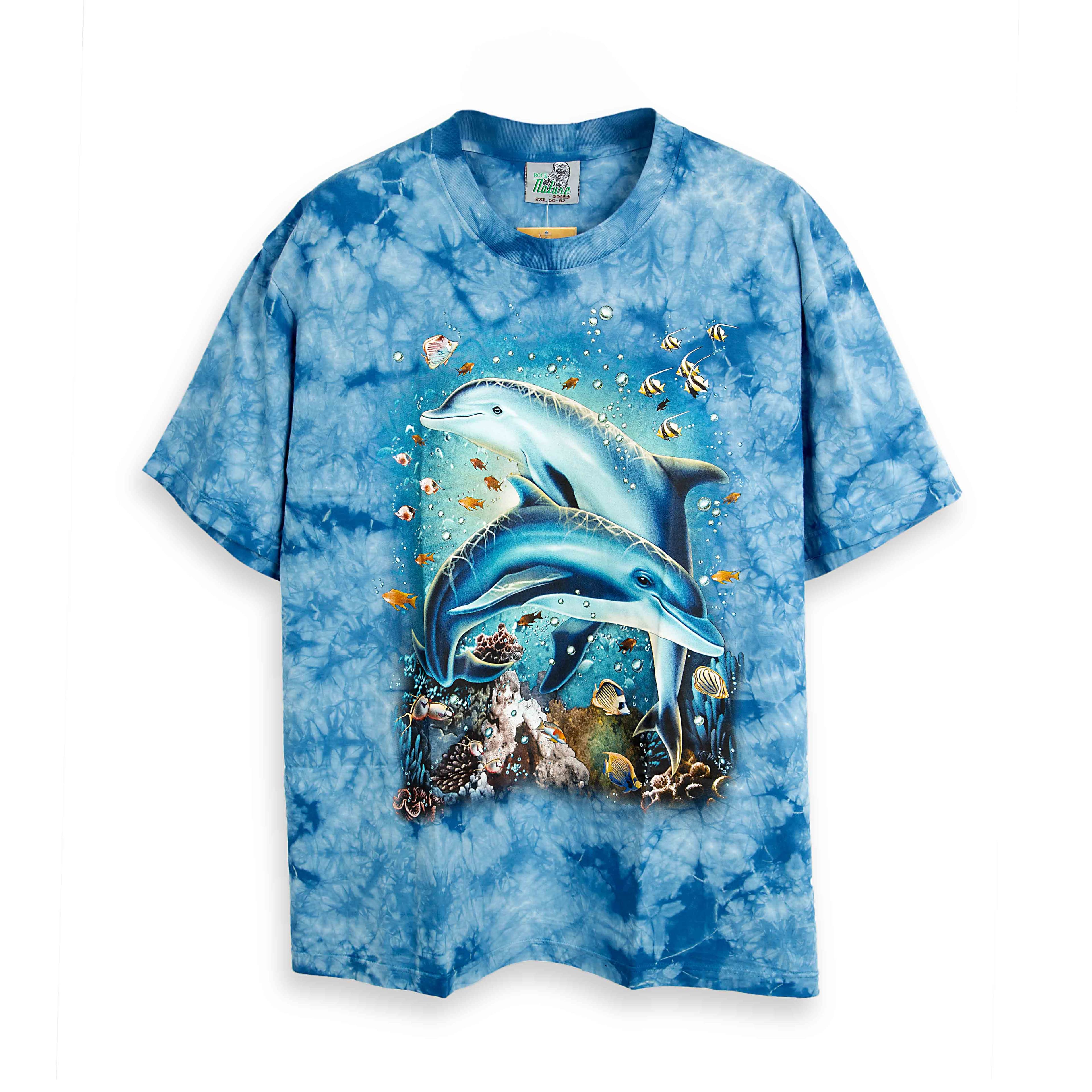 Rock Eagle Blue Tie-Dye Dolphin Reef Graphic Unisex T-Shirt, 11606- Blue