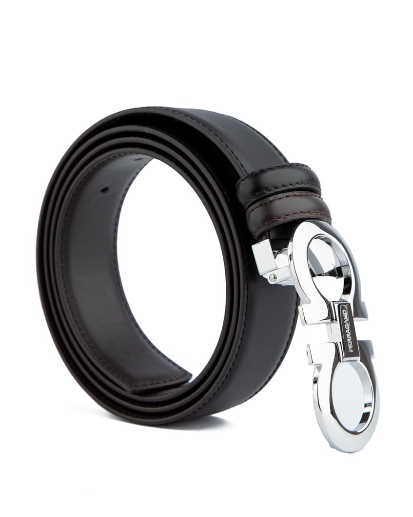 Salvatore Ferragamo men's reversible Gancini belt, black and brown leather with silver buckle.