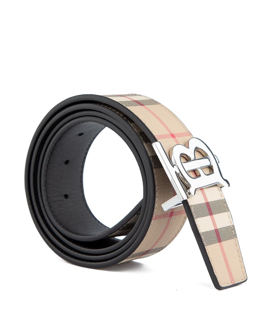 Burberry London check reversible belt, beige and black leather with silver buckle.