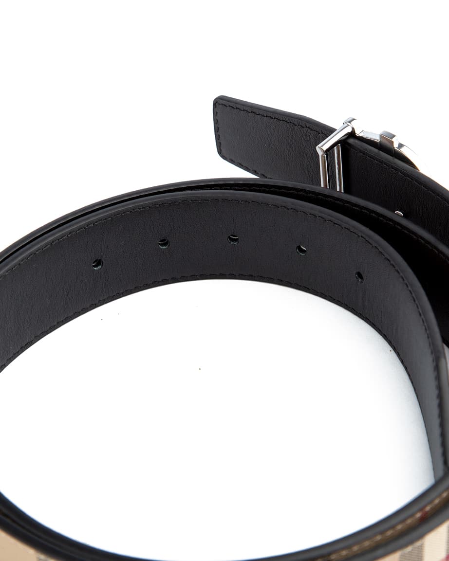 Burberry London check reversible belt, beige and black leather with silver buckle.