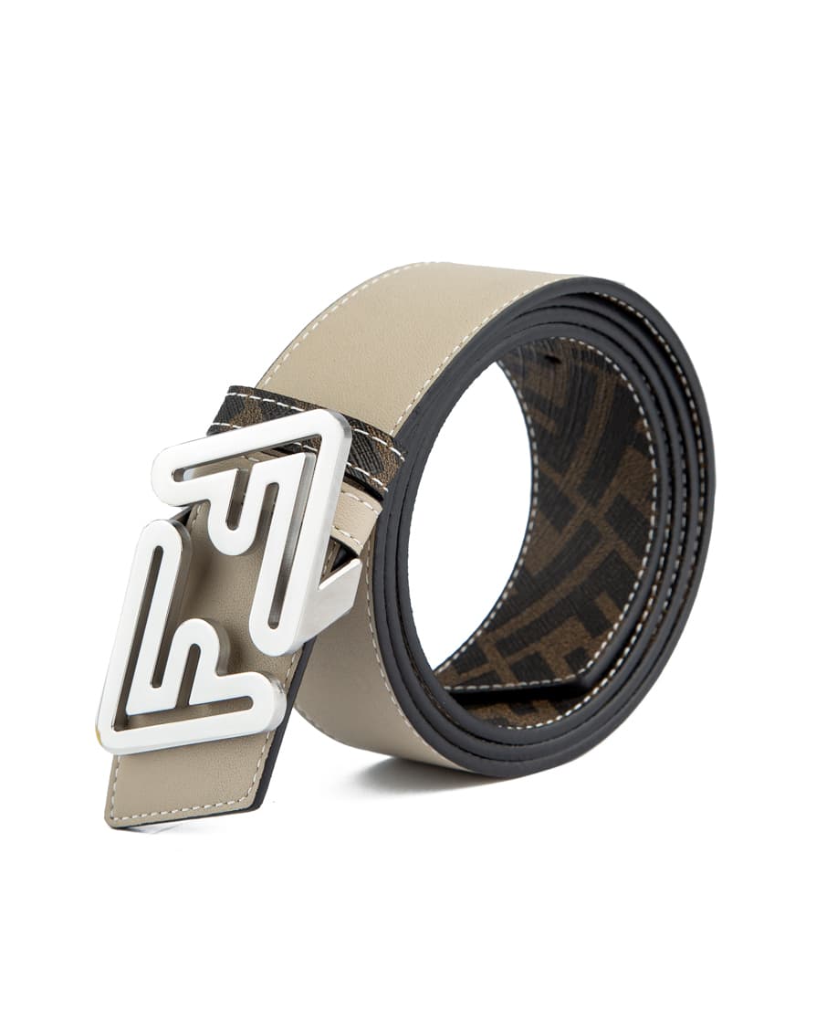 Light beige and brown reversible belt with silver FF logo buckle