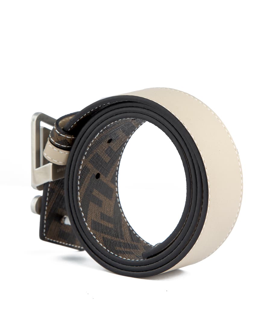 Light beige and brown reversible belt with silver FF logo buckle.