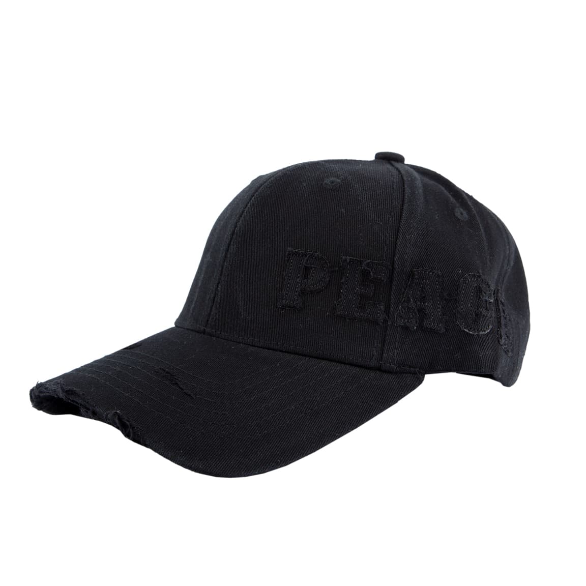 Black unisex distressed face cap with embroidery, adjustable for comfort, perfect for streetwear and casual outfits.