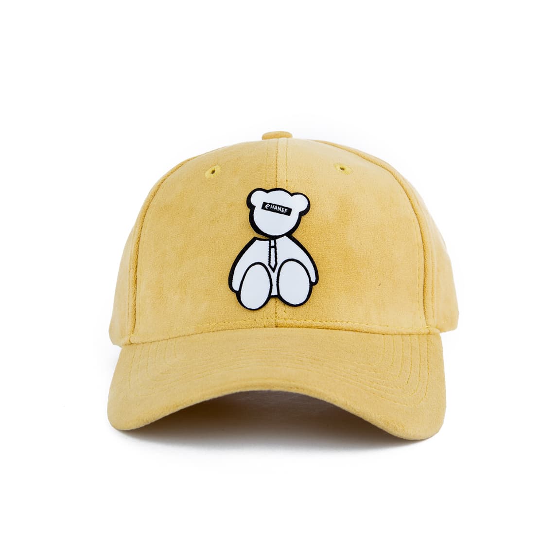 Mustard yellow suede unisex face cap with embroidered teddy bear design, adjustable strap, stylish and perfect for casual wear and street fashion