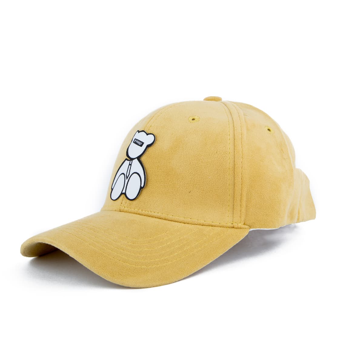 Mustard yellow suede unisex face cap with embroidered teddy bear design, adjustable strap, stylish and perfect for casual wear and street fashion.