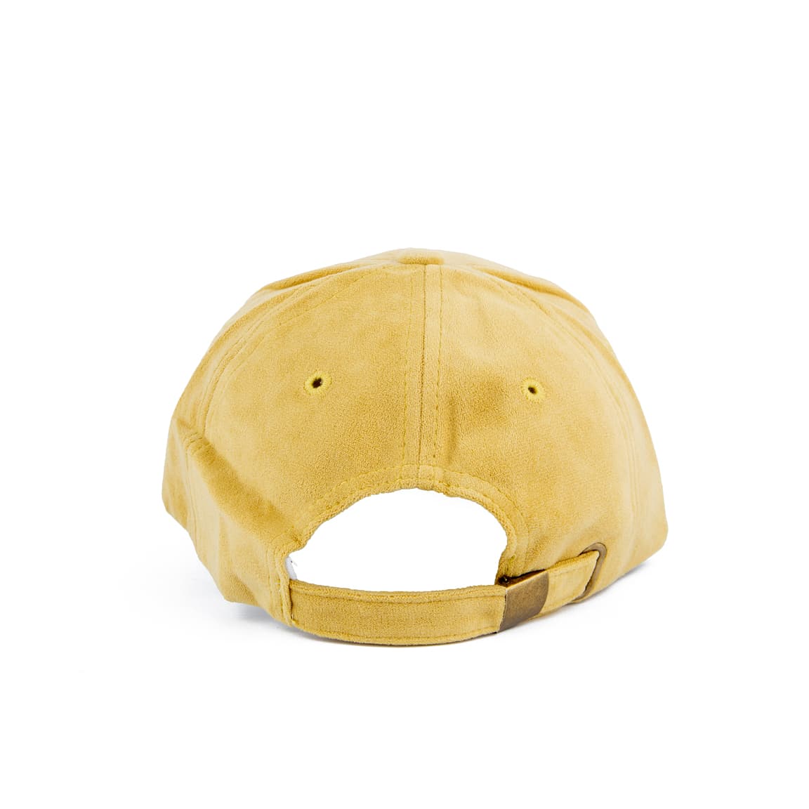 Mustard yellow suede unisex face cap with embroidered teddy bear design, adjustable strap, stylish and perfect for casual wear and street fashion