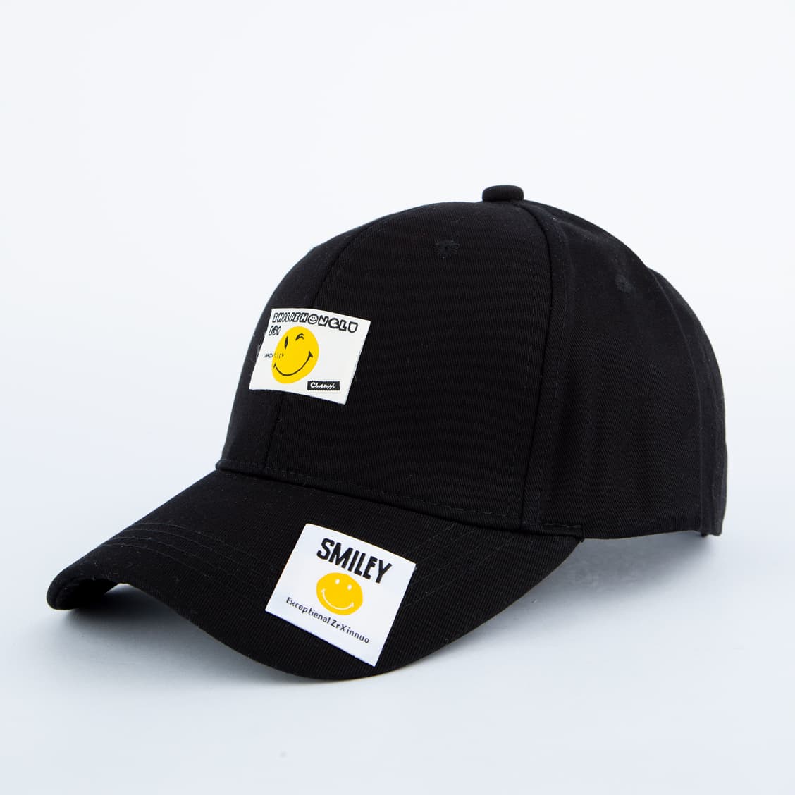 Black Baseball Cap with Yellow Smiley Face Patch
