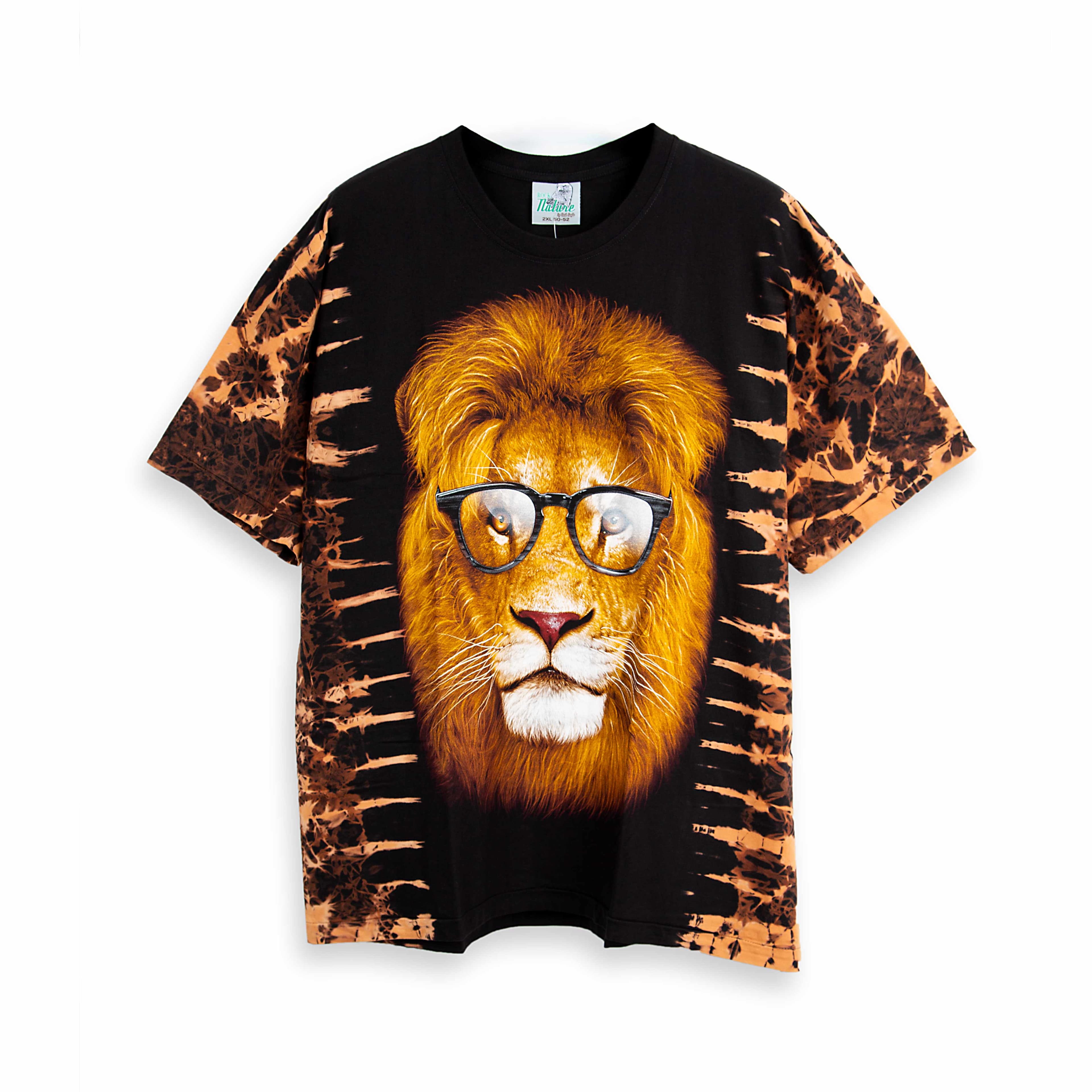 Rock Eagle Hipster Lion Glasses Bleach Dye Unisex T-Shirt, 11606- Black