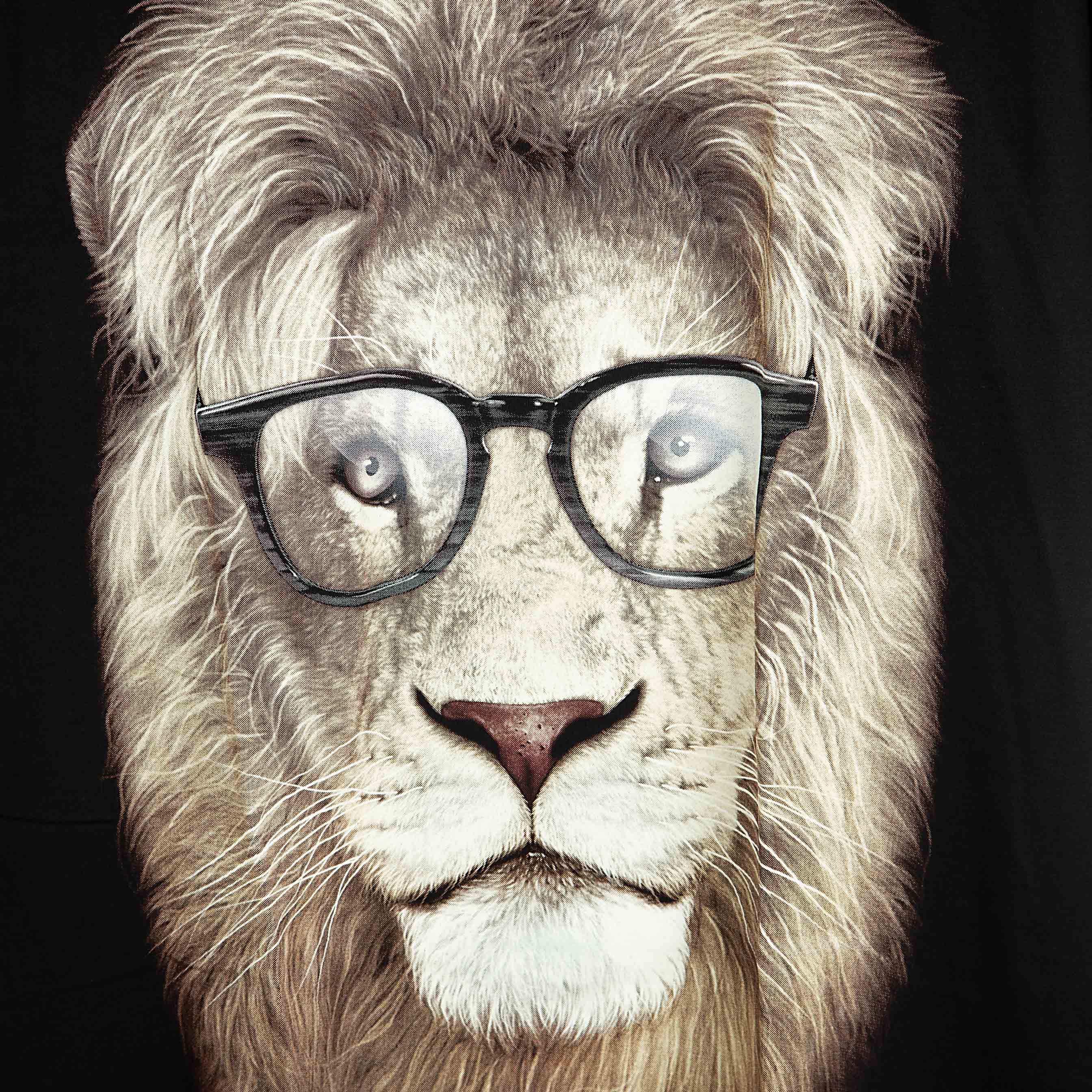 Rock Eagle black unisex t-shirt with a realistic graphic of a lion's head wearing black-framed glasses, giving it a hipster look.