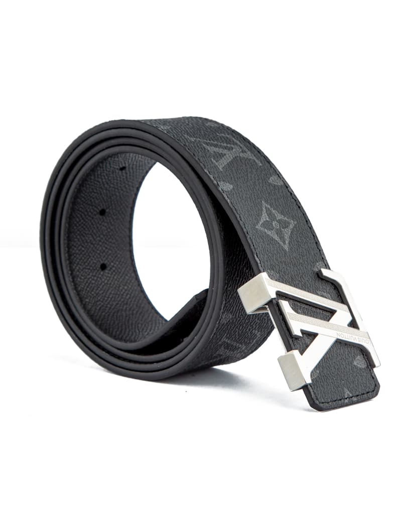 Elegant black monogram leather belt with a polished silver 'A' buckle – a versatile and stylish unisex accessory for any occasion.