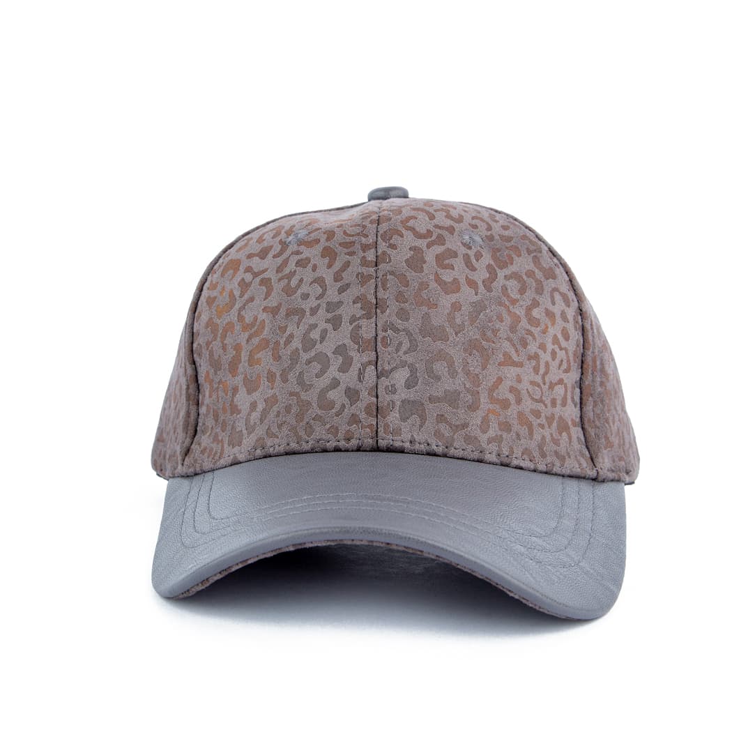 Gray leopard print suede face cap, unisex design with adjustable strap, perfect for casual wear and making a bold fashion statement