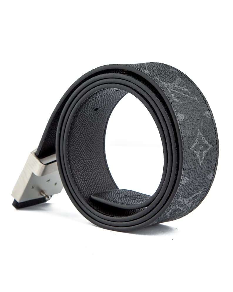 Elegant black monogram leather belt with a polished silver 'A' buckle – a versatile and stylish unisex accessory for any occasion.
