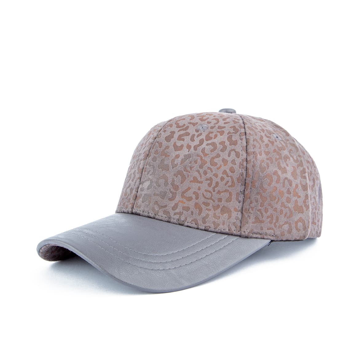 Gray leopard print suede face cap, unisex design with adjustable strap, perfect for casual wear and making a bold fashion statement.