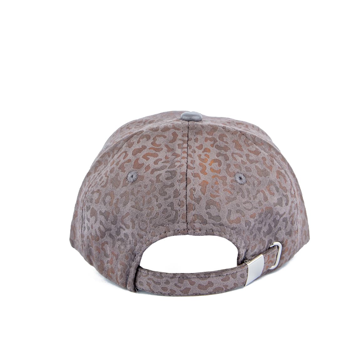 Gray leopard print suede face cap, unisex design with adjustable strap, perfect for casual wear and making a bold fashion statement.