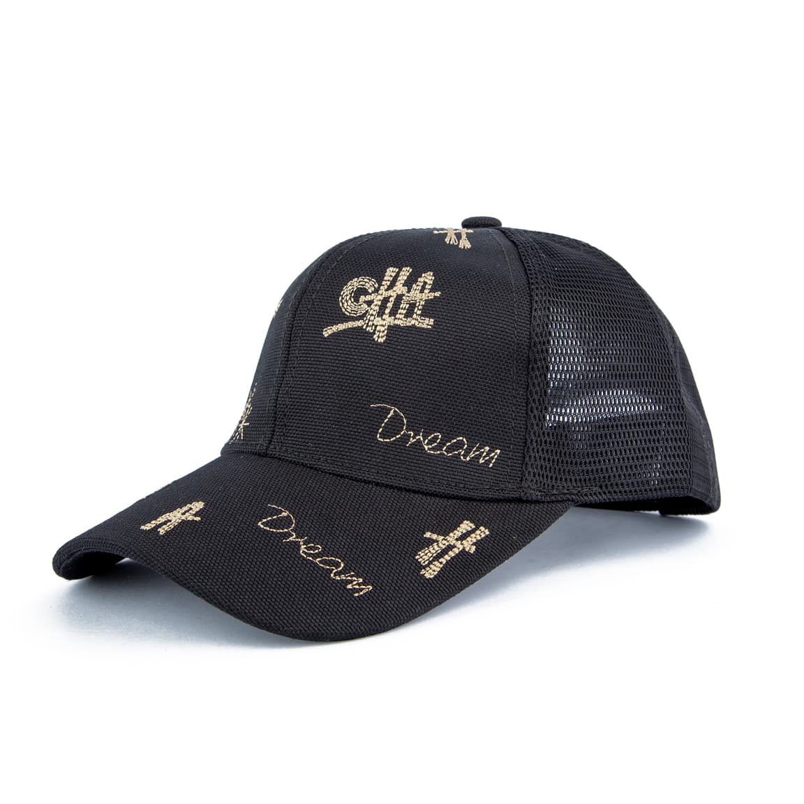 Black embroidered 'Dream' mesh trucker cap, unisex design with breathable mesh back, perfect for casual fashion and a comfortable fit
