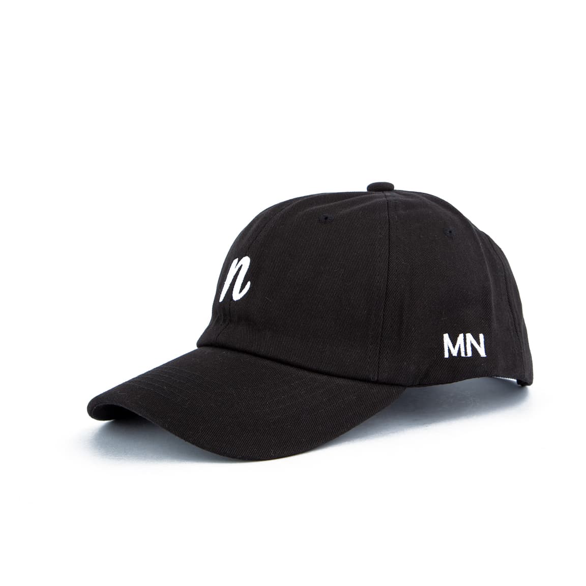 Black minimalist embroidered cap with white 'n' design, unisex and adjustable, perfect for casual and modern style enthusiasts.