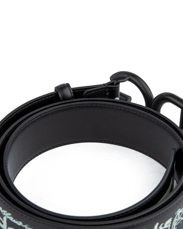 Luxury black leather belt with graffiti design and matte black circular buckle—perfect for those who want a bold and artistic fashion statement.