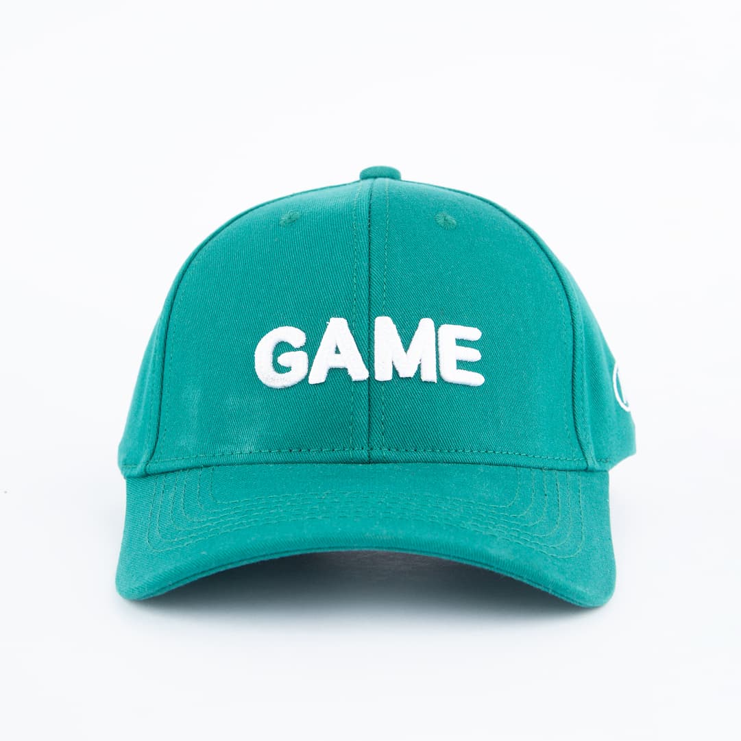 Teal Baseball Cap with White GAME Embroidery