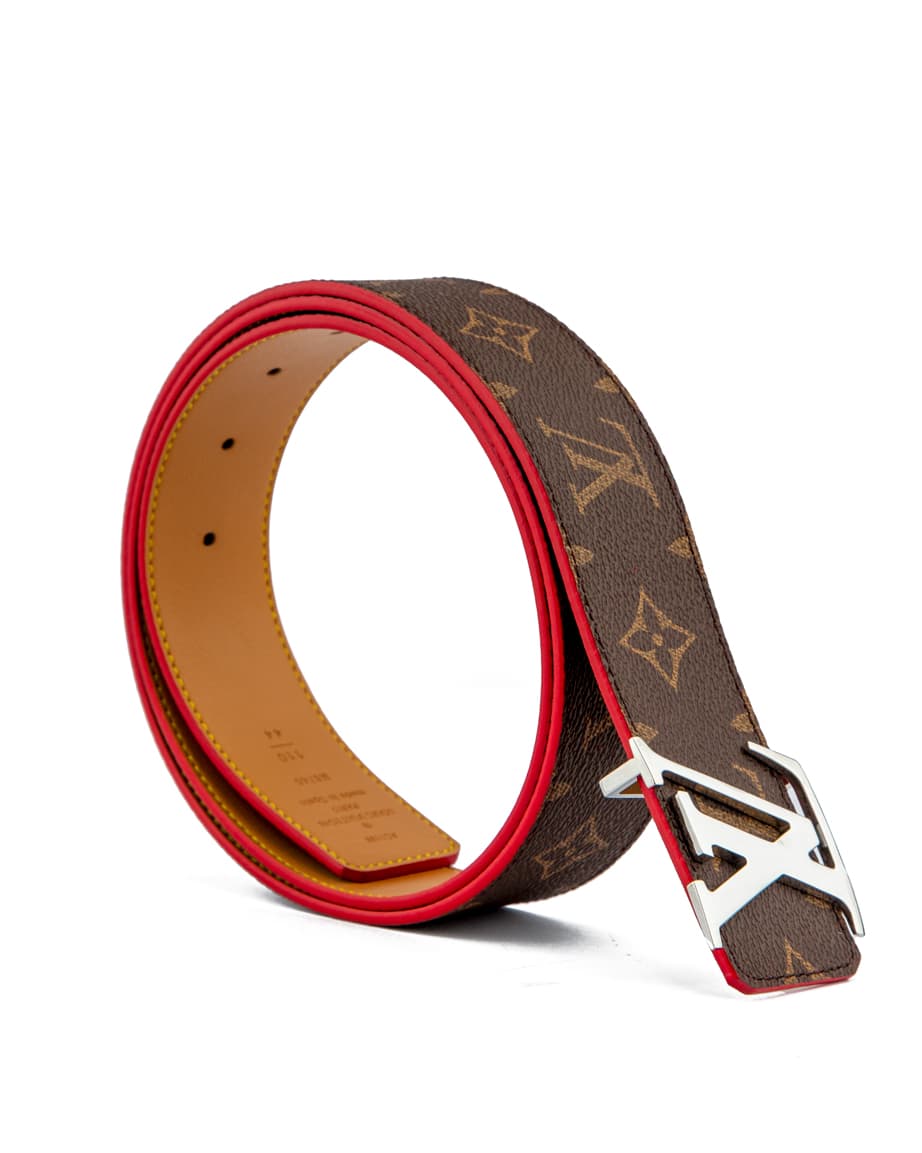Luxury brown monogram leather belt with red edges and silver buckle for men—perfect for casual and formal wear.