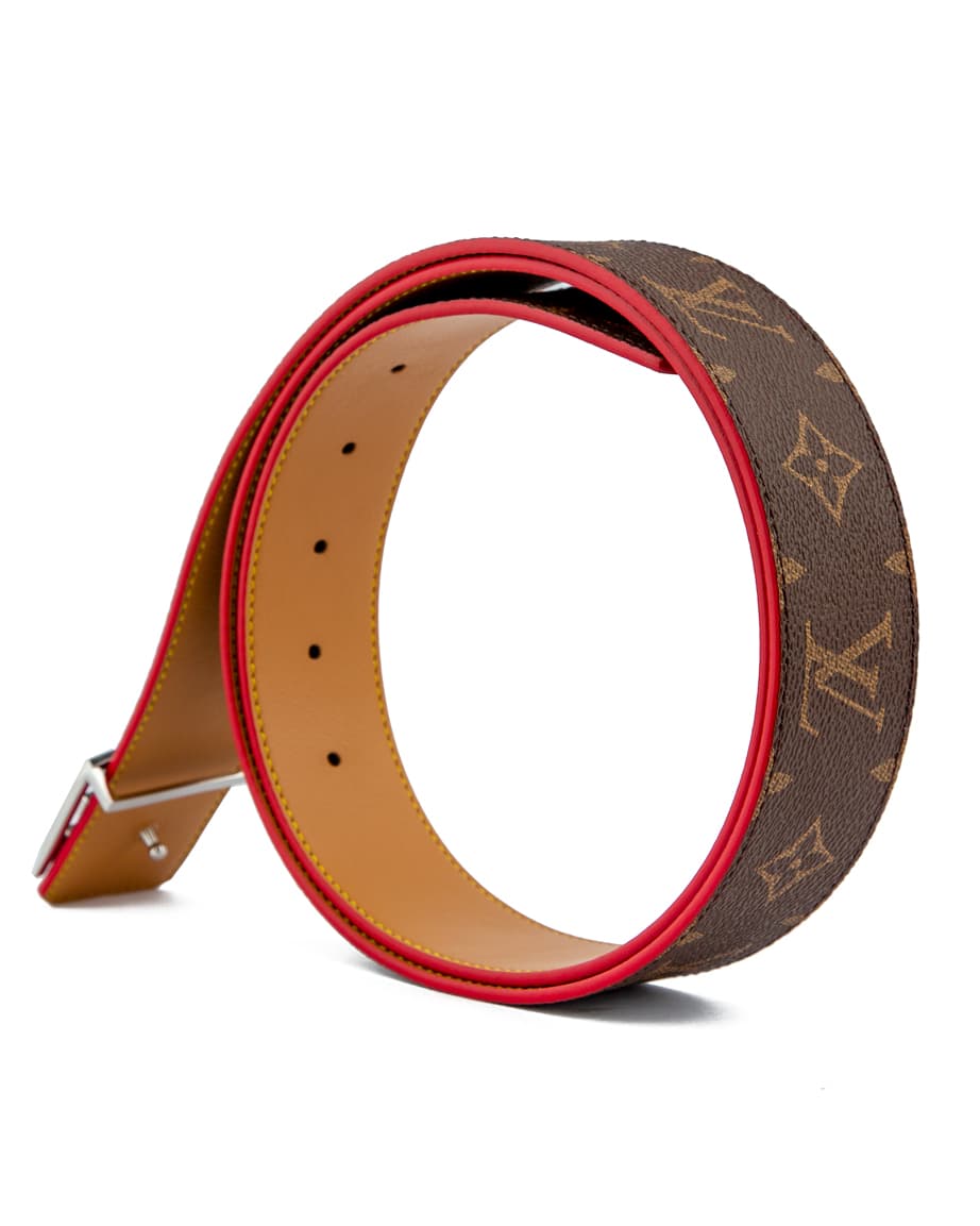 Luxury brown monogram leather belt with red edges and silver buckle for men—perfect for casual and formal wear.
