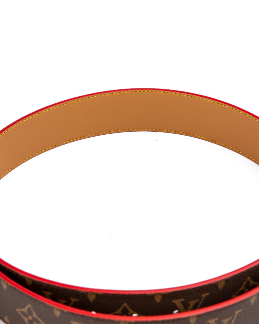Luxury brown monogram leather belt with red edges and silver buckle for men—perfect for casual and formal wear.