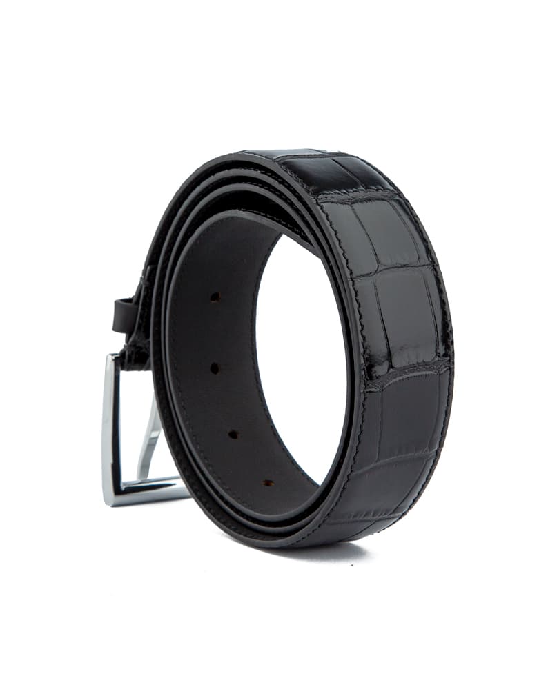 Luxury black croc-embossed leather belt with polished silver buckle – perfect for men and women.