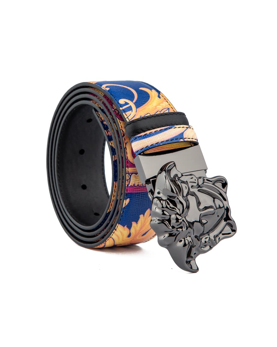 Luxury blue and gold baroque designer belt with black buckle – stylish unisex fashion accessory.