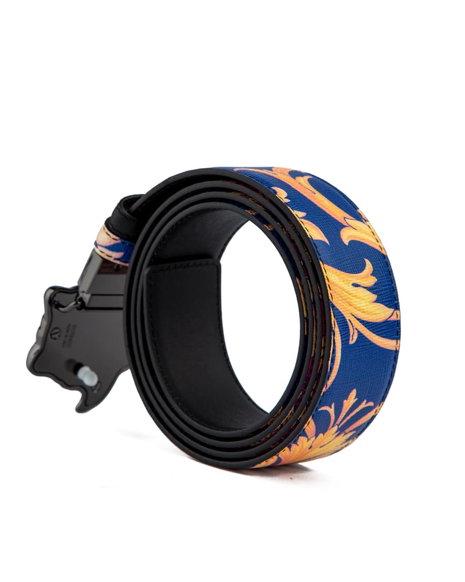 Luxury blue and gold baroque designer belt with black buckle – stylish unisex fashion accessory.