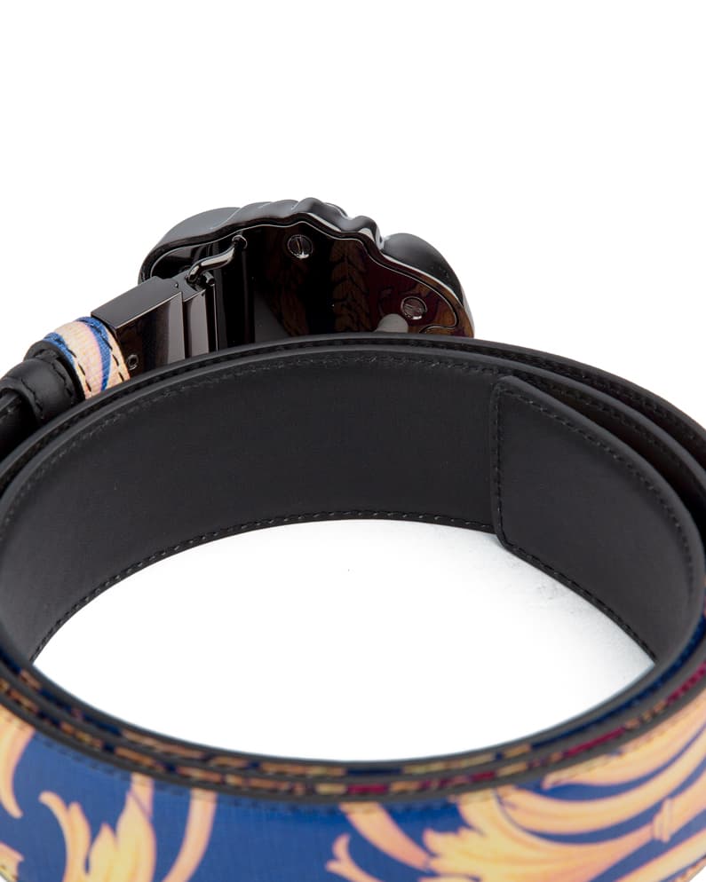 Luxury blue and gold baroque designer belt with black buckle – stylish unisex fashion accessory.