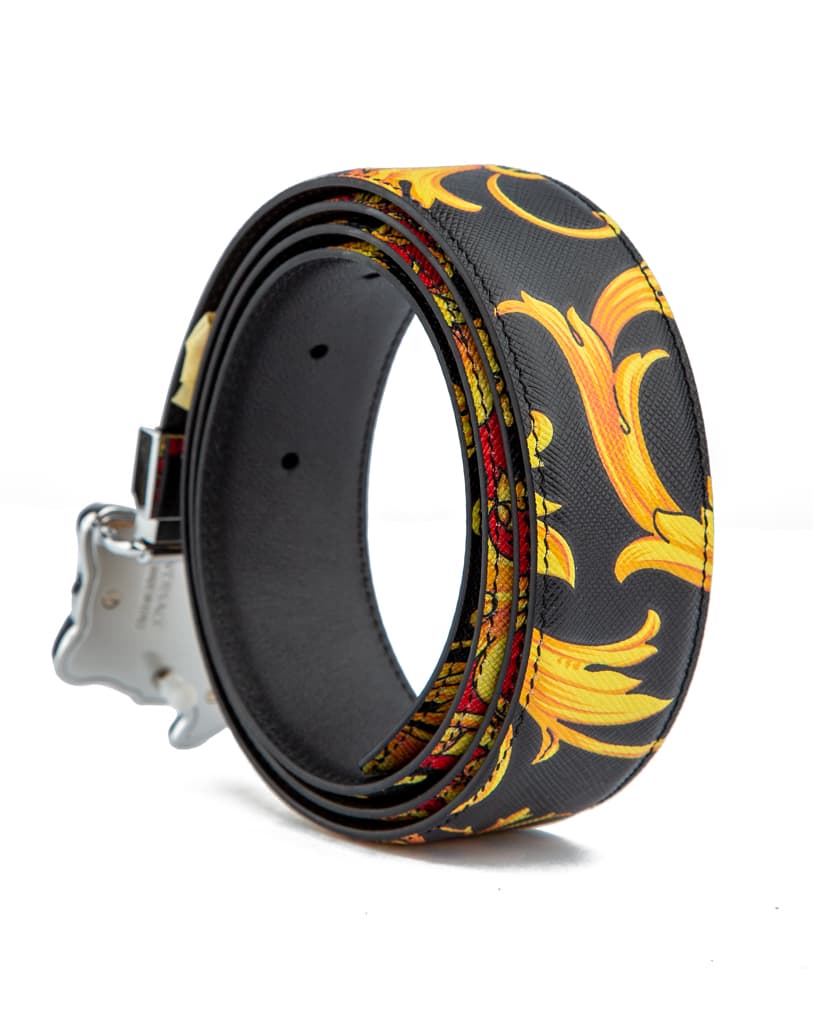 Versace Medusa Baroque Print Reversible Leather Belt, black leather reversing to gold/black/red baroque print, featuring Medusa head buckle.