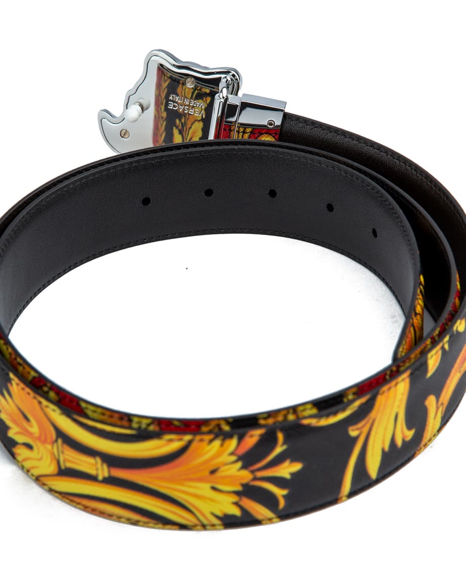 Versace Medusa Baroque Print Reversible Leather Belt, black leather reversing to gold/black/red baroque print, featuring Medusa head buckle.