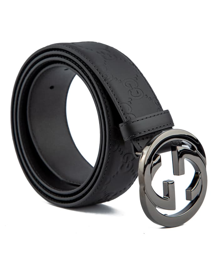 Luxury Black Leather Designer Belt with Metal Logo Buckle, 12067- Black