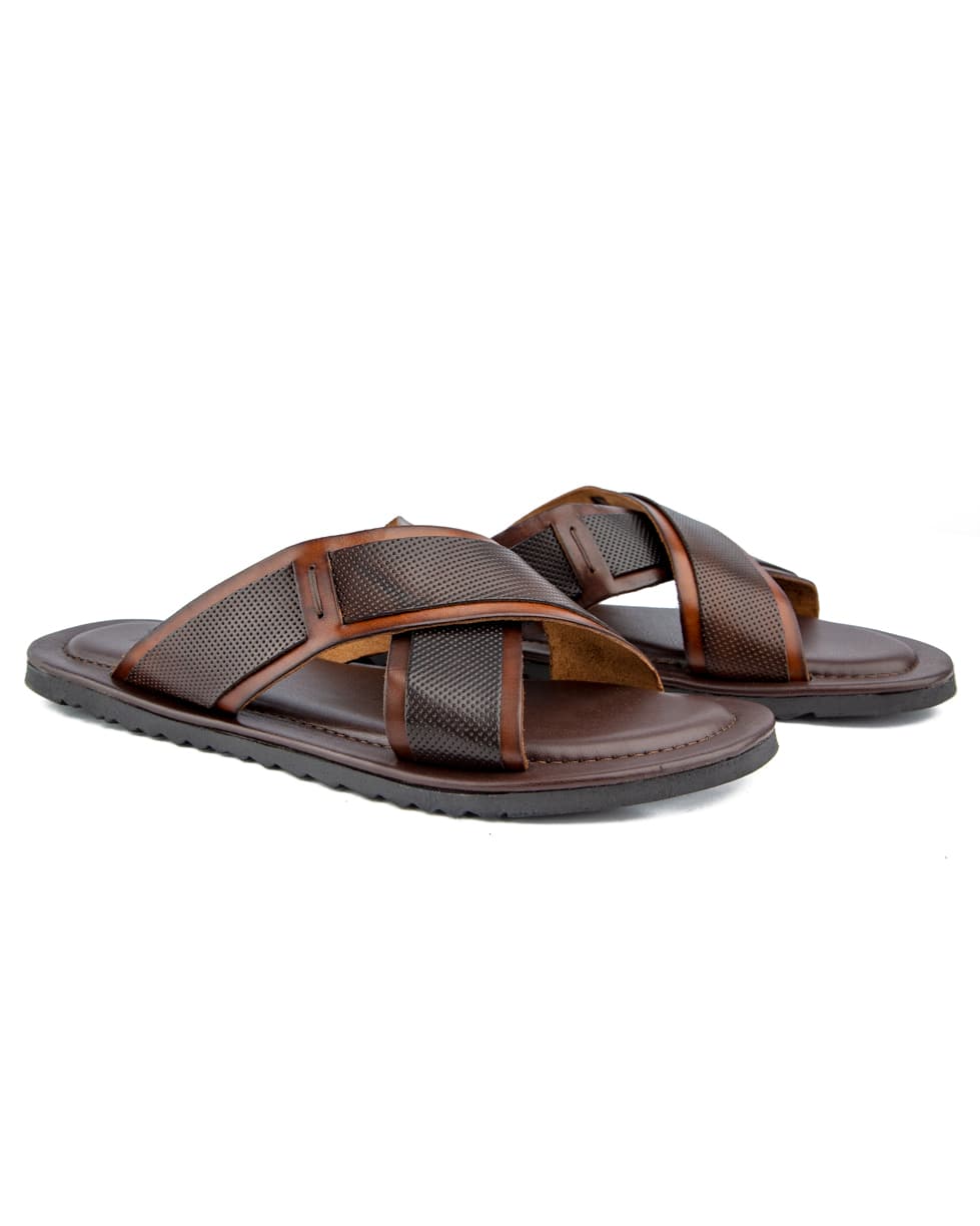 Classic Brown Cross-Strap Leather Sandals, 11568- Brown