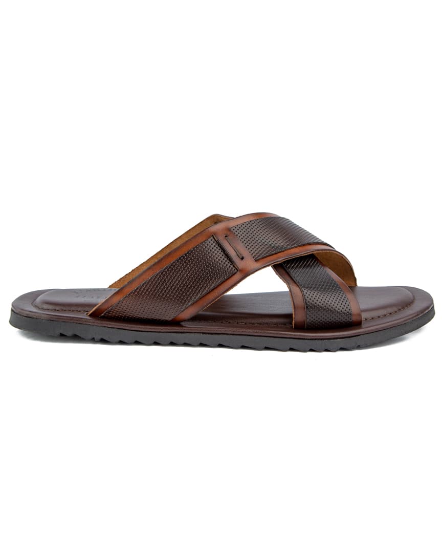 Classic brown cross-strap leather sandals for men – stylish, breathable, and durable with a cushioned sole for maximum comfort.