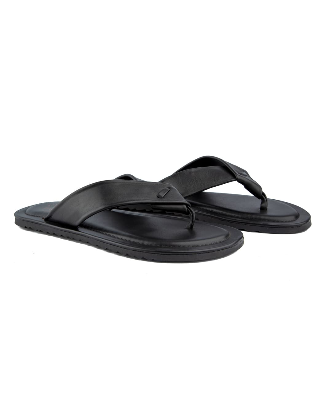 Classic black leather flip-flop sandals with a cushioned wide strap, durable sole, and comfortable fit, perfect for casual and everyday wear.